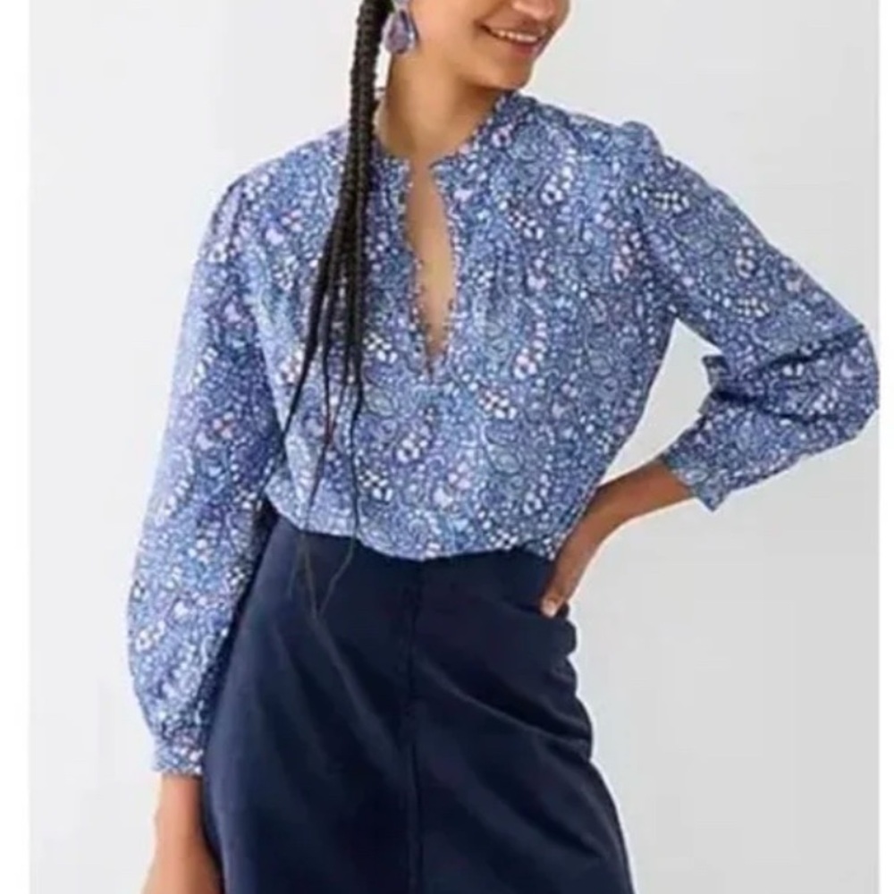 J Crew Ruffle Neck Popover Blouse in Liberty Blue Floral Fabric